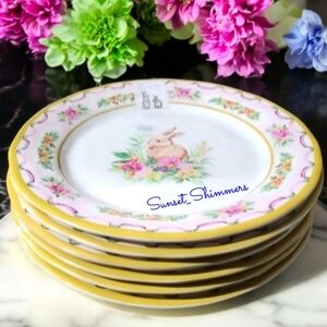 6pc Hip & Hop Floral Easter Bunny Rabbit Thick Melamine Dinner Plates 11" NEW
